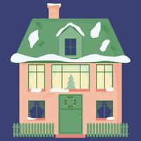 Flat residential building. A modern house in the snow. Elements of the urban landscape. Isolated country house with roofs and windows. Vector drawing.