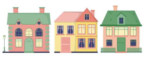 A set of houses with windows, tiles, chimneys. Street lamp. Fence. Color flat vector illustration isolated on a white background.