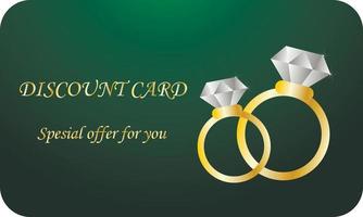 Discount or gift card,coupon with wedding rings on a green background. Luxury green background. vector