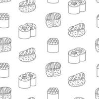 Seamless pattern background with sushi hand drawn doodles. Contour drawing, Simple line vector backdrop, print, wallpaper.