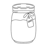 Ghee butter. Traditional Indian clarified butter in a glass jar. Hand drawn doodle, outline contour drawing. Vector illustration isolated on white background