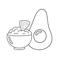 Guacamole with nachos - traditional Mexican latin american sauce made from avocado. Ceramic bowl with guacamole snack, tortilla chips and avocado. Contour drawing, simple outline sketch style Vector