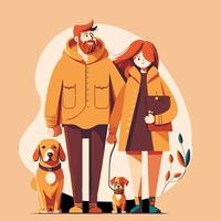 Happy Couple portrait with dog, man woman in Love Valentine modern flat vector illustration