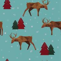 Seamless Christmas pattern with geometric reindeer and trees on blue background vector