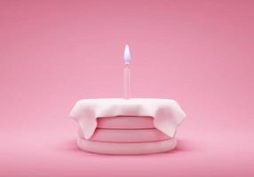 lindo pastel de cumpleaños 3d renderizado color rosa 3 pisos con una vela, pastel dulce para un cumpleaños sorpresa, día de san valentín en un fondo rosa foto