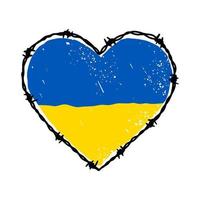 Barbed wire heart shape in Ukrainian flag blue and yellow colors. Hand drawn vector illustration in sketch style