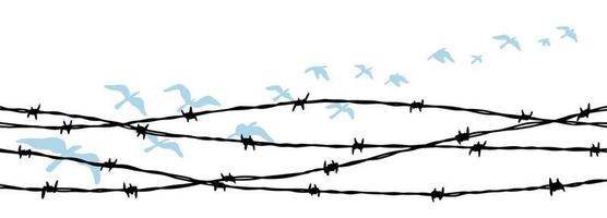 pájaros voladores detrás de la cerca de alambre de púas. concepto de libertad. ilustración vectorial dibujada a mano vector