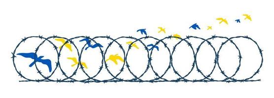Flying birds in Ukrainian blue and yellow flag colors escaping barbed wire fence. Freedom concept. Hand drawn vector illustration. Pray for Ukraine