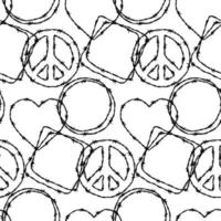 Barbwire seamless pattern with hearts and peace sign. Hand drawn vector illustration in sketch style. Background for military, security, prison, slavery concepts