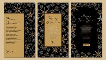 Set of Merry Christmas and Happy New Year vertical greeting cards with hand drawn golden five pointed stars and snowflakes. Vector illustration in sketch style. Social media stories template