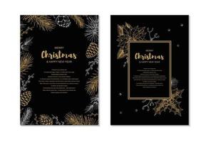 Two side Merry Christmas and Happy New Year vertical greeting card with hand drawn golden evergreen branches and cones on black background. Vector illustration in sketch style