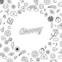 Groovy doodle retro 1970 hippie elements in circle form. Vintage hippie color round banner. vector