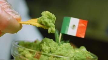Guacamole salad with nachos and Mexican flag