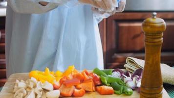 tiro en el control deslizante de verduras picadas y frescas. pimientos de varios colores y champiñones con cebolla roja video