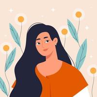 mujer joven con cabello largo en flores vector