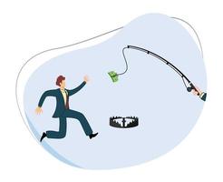 Businessman chasing dollar hanging on fishing hook and trying to catch it. businessman played by money trap game. concept of people controlled by money. money fishing vector