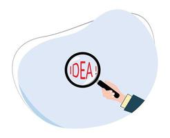 hand holding magnifying glass with idea inscription. concept of seeking and finding ideas. vector cartoon looking and finding idea