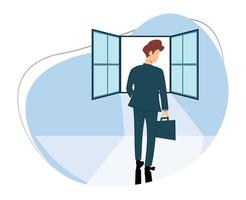 businessman walking in front of open window. the concept of seeking new opportunities. business leader vector