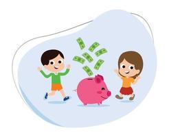personaje de dibujos animados de niños ahorrando dinero en la alcancía. ahorrar para los niños. concepto de inversión simple vector