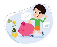 boy cartoon character saving money in piggy bank. children invest from childhood. simple investment concept vector