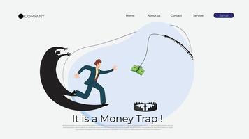 Businessman chases dollar hanging on fishing hook and trying to catch it. landing page about the pitfalls of cash games. financial fraud. the concept of people controlled by money. money fishing