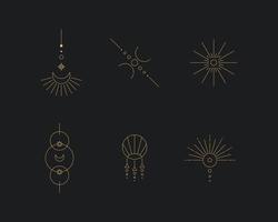 Set of moon and sun line art. Minimal boho linear symbols. Celestial mystic element. Vector line art illustration.