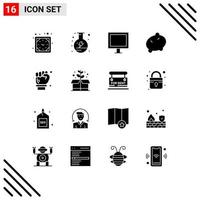 Modern Set of 16 Solid Glyphs Pictograph of engineer labour hand appliances vegetable food Editable Vector Design Elements