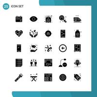 Mobile Interface Solid Glyph Set of 25 Pictograms of love tunnel farm transport search Editable Vector Design Elements