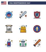 Happy Independence Day USA Pack of 9 Creative Flat Filled Lines of shop money protection bag american Editable USA Day Vector Design Elements