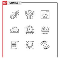 Universal Icon Symbols Group of 9 Modern Outlines of time schedule engine clock car Editable Vector Design Elements