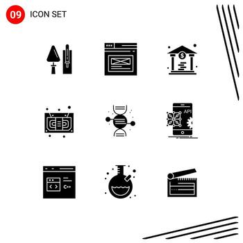 9 User Interface Solid Glyph Pack of modern Signs and Symbols of adn music website cassette money Editable Vector Design Elements