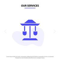 nuestros servicios tambor bien ley equilibrio sólido glifo icono plantilla de tarjeta web vector