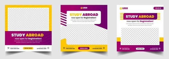 Study abroad social media post banner design. higher education social media post banner design set. school admission promotion banner. school admission template for social media ad. vector