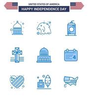 Group of 9 Blues Set for Independence day of United States of America such as usa city cola building cross Editable USA Day Vector Design Elements