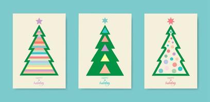 Vintage Happy Holiday covers. Christmas tree set card. Design templates with typography, season wishes in modern minimalist style for web, social media, print. Pastel colors on white old background vector