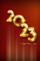 2023 golden 3D bold numbers, Happy New Year. banner template Christmas theme. Holiday design for greeting card, invitation, calendar, party, gold luxury vip, vector isolated on red background