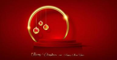 3D Christmas podium, Happy New Year party, gold baubles with product display cylindrical shape, golden circle festive decoration for the holidays. Luxury template, vector isolated on red background