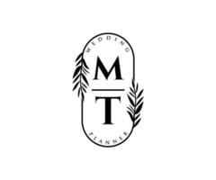 MT Initials letter Wedding monogram logos collection, hand drawn modern minimalistic and floral templates for Invitation cards, Save the Date, elegant identity for restaurant, boutique, cafe in vector