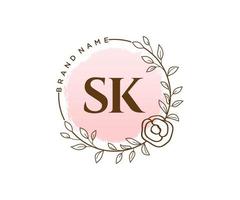 logotipo femenino inicial de sk. utilizable para logotipos de naturaleza, salón, spa, cosmética y belleza. elemento de plantilla de diseño de logotipo de vector plano.