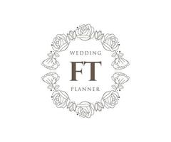 Colección de logotipos de monogramas de boda con letras iniciales ft, plantillas florales y minimalistas modernas dibujadas a mano para tarjetas de invitación, guardar la fecha, identidad elegante para restaurante, boutique, café en vector