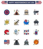 Set of 16 Vector Flat Filled Lines on 4th July USA Independence Day such as star men eat weapon security Editable USA Day Vector Design Elements