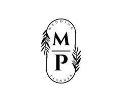 colección de logotipos de monogramas de boda con letras iniciales de mp, plantillas florales y minimalistas modernas dibujadas a mano para tarjetas de invitación, guardar la fecha, identidad elegante para restaurante, boutique, café en vector