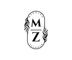 Colección de logotipos de monograma de boda con letras iniciales mz, plantillas florales y minimalistas modernas dibujadas a mano para tarjetas de invitación, guardar la fecha, identidad elegante para restaurante, boutique, café en vector