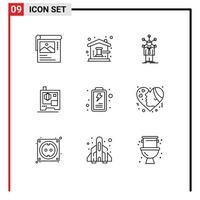 Modern Set of 9 Outlines Pictograph of battery printing house printer personality Editable Vector Design Elements