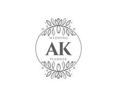 colección de logotipos de monograma de boda con letras iniciales ak, plantillas florales y minimalistas modernas dibujadas a mano para tarjetas de invitación, guardar la fecha, identidad elegante para restaurante, boutique, café en vector