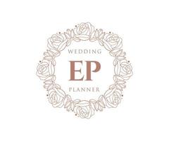 colección de logotipos de monogramas de boda con letras iniciales ep, plantillas florales y minimalistas modernas dibujadas a mano para tarjetas de invitación, guardar la fecha, identidad elegante para restaurante, boutique, café en vector