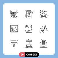 User Interface Pack of 9 Basic Outlines of headphone computer love photo image Editable Vector Design Elements