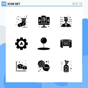 Solid Glyph Pack of 9 Universal Symbols of display pointer programmer pin gear Editable Vector Design Elements