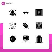 9 Solid Glyph concept for Websites Mobile and Apps food candy parking setting solution Editable Vector Design Elements