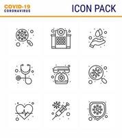 Covid19 icon set for infographic 9 Line pack such as stethoscope diagnosis hospital washing hands viral coronavirus 2019nov disease Vector Design Elements